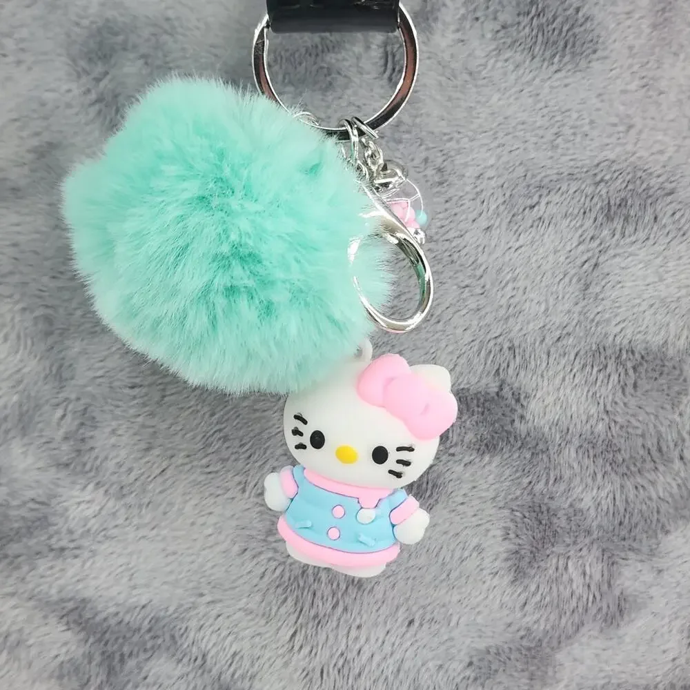 Hello Kitty 3D Figure Keychain puff ball & mini bead filled bubble Blue Dress